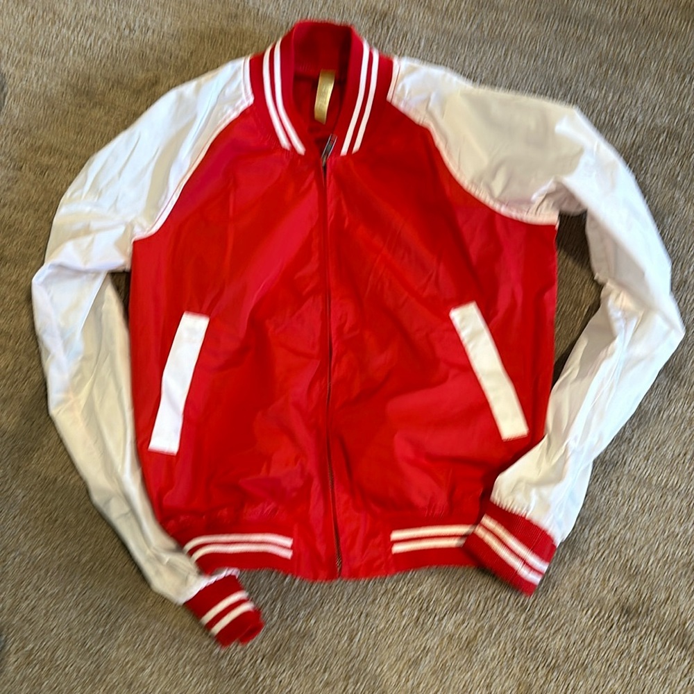 Red and white varsity jacket